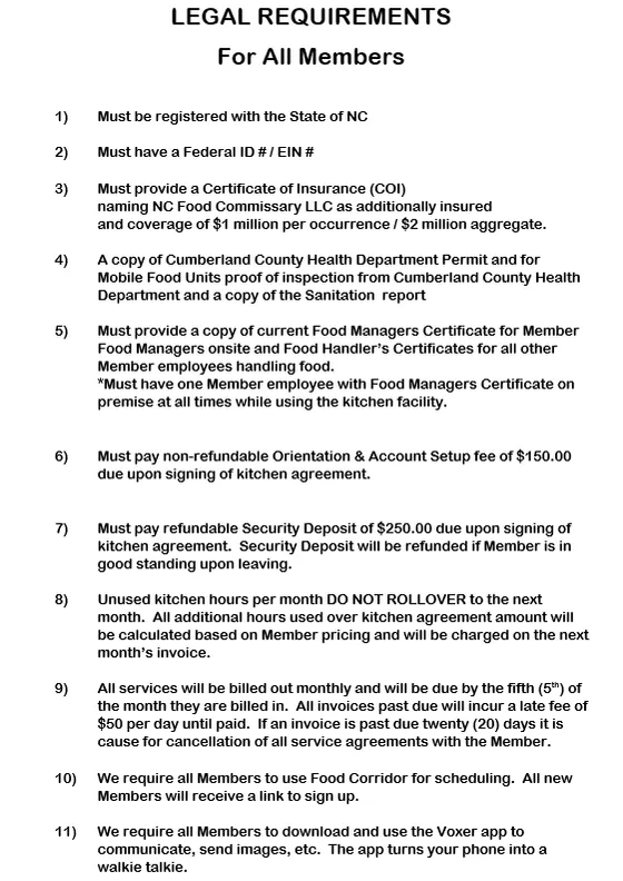 NC Food Commissary legal requirements for all members